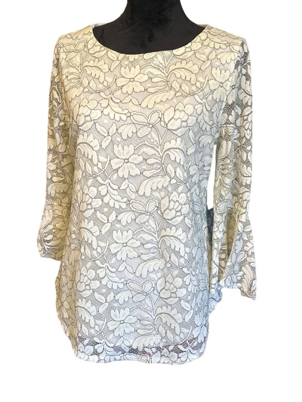 Elle Womens Floral Lace Bell Sleeve Top Medium